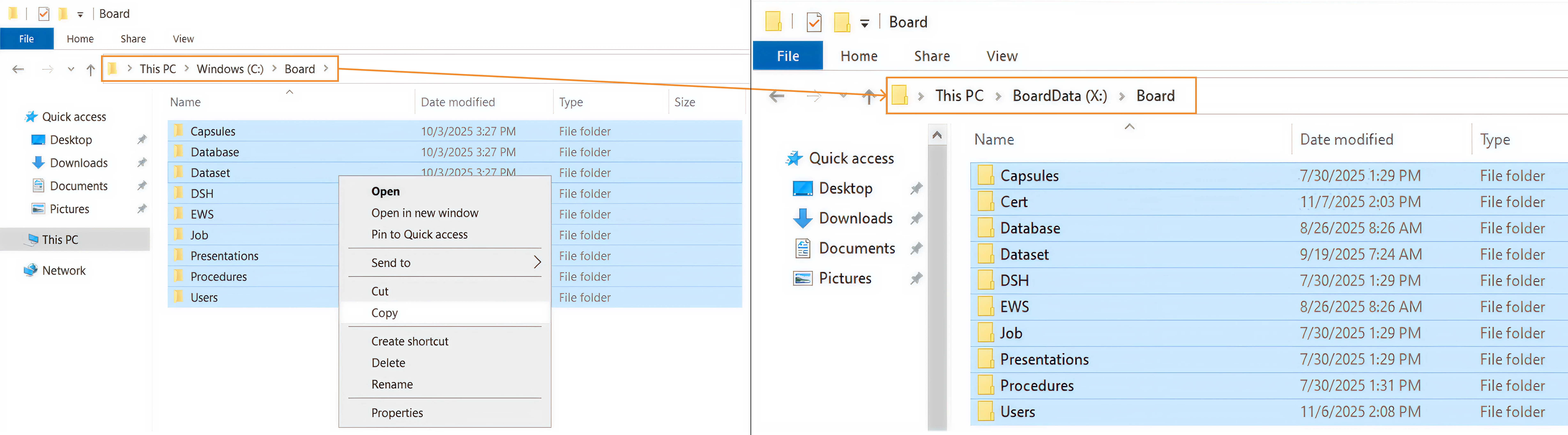 File explorer showing folders in Windows and BoardData locations with options menu.